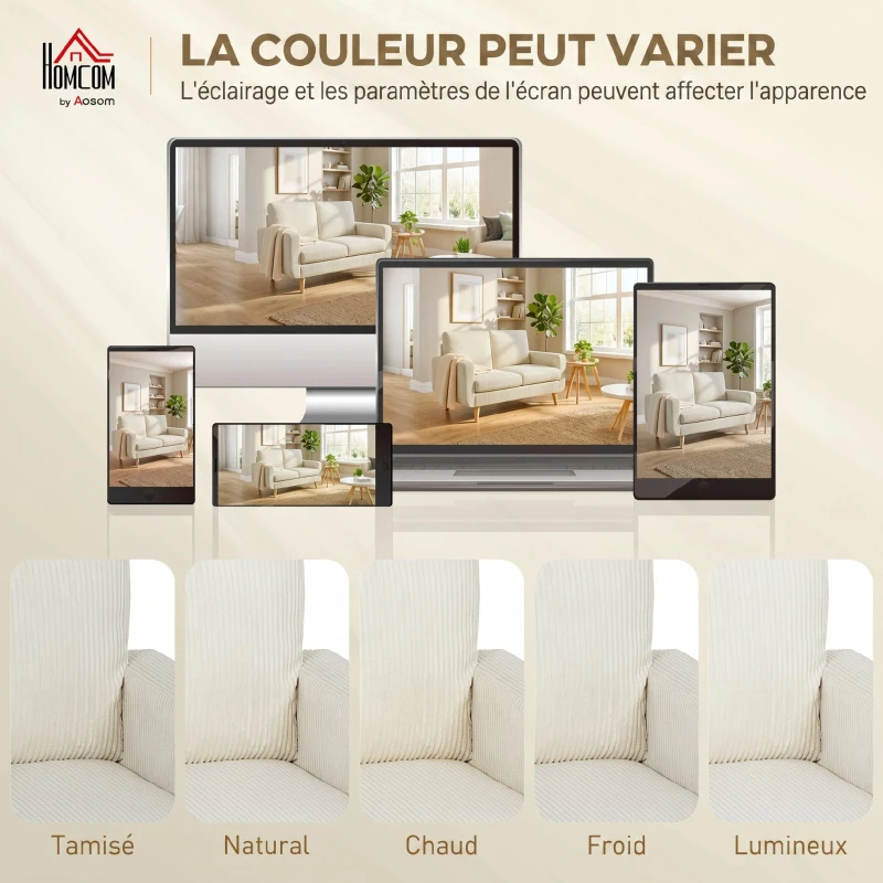 HOMCOM Canapé 2 places en velours côtelé, canapé de salon moderne 134 cm, assise rembourrée, coussin à ressorts, crème