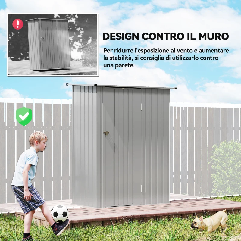 Outsunny Capanno Porta Attrezzi in Metallo con Tetto Inclinato e Porta Bloccabile, 142x86x189 cm, Argento
