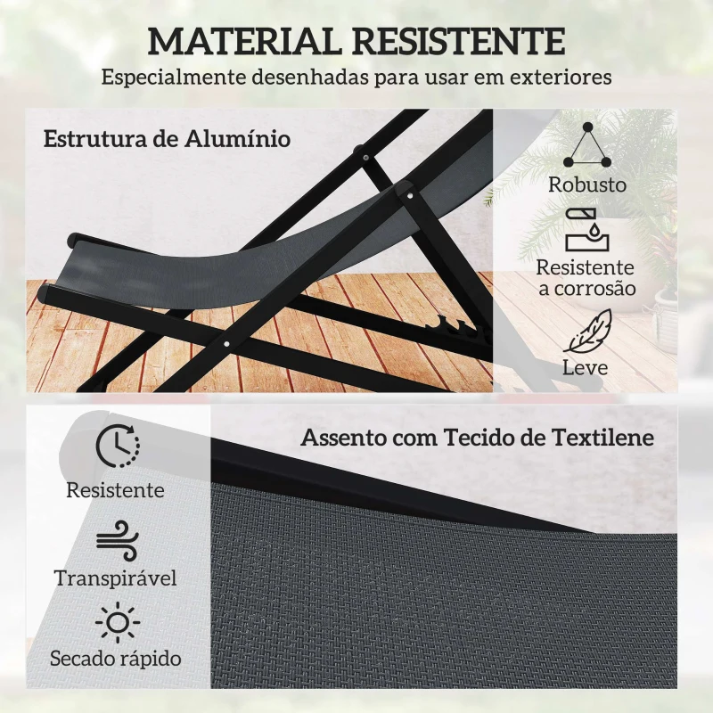 Outsunny Conjunto de 2 Espreguiçadeiras Dobráveis de Alumínio com Encosto Ajustável em 5 Posições e Apoio de Cabeça 60x100x85 cm Cinzento