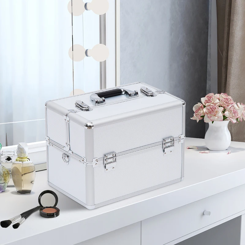 HOMCOM Mallette maquillage valise maquillage à 3 niveaux, boîte de cosmétiques avec clés, 36,5 x 24 x 29 cm, argent