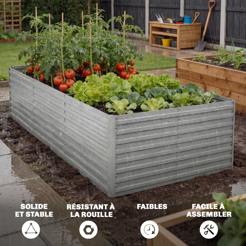 Outsunny Jardinière extérieure, jardinière surélevée galvanisée bordure de sécurité et fond ouvert 240 x 120 x 60 cm gris argenté
