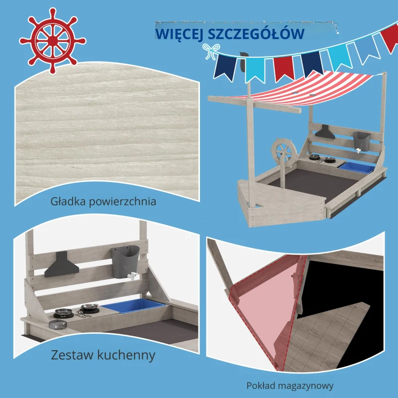Drewniany piaskownica w kształcie statku z pokrywą i zestawem kuchennym