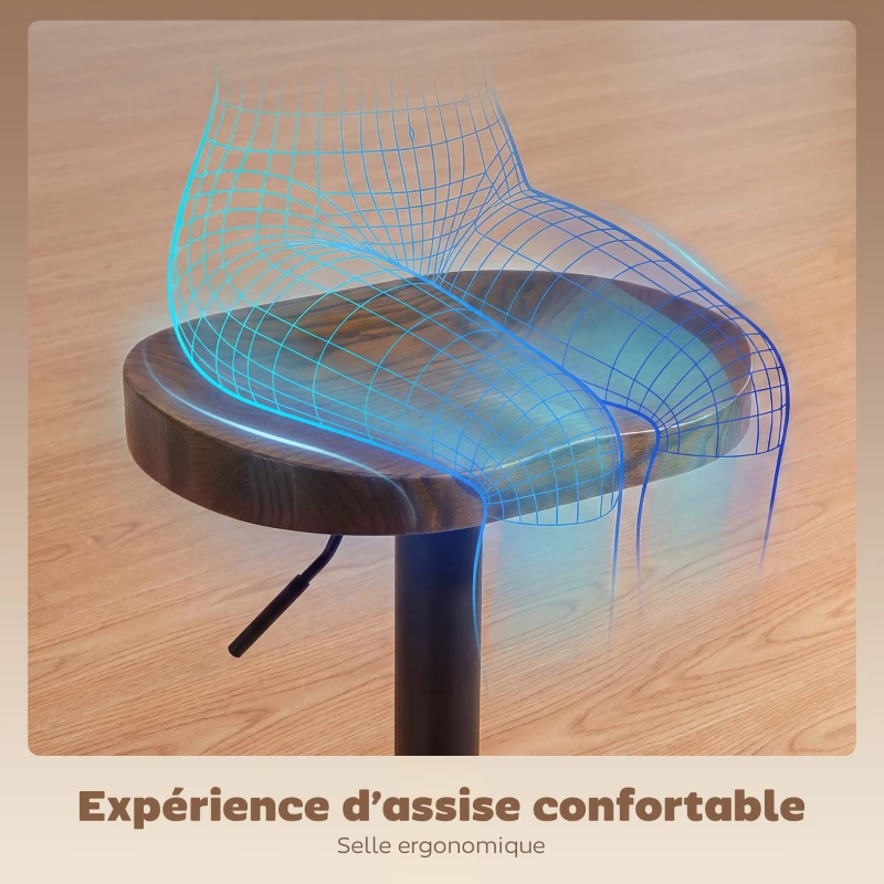HOMCOM Tabourets de Bar Lot de 2 Réglables Pivotants Chaises de Cuisine avec Siège en Bois d'Orme Marron Foncé