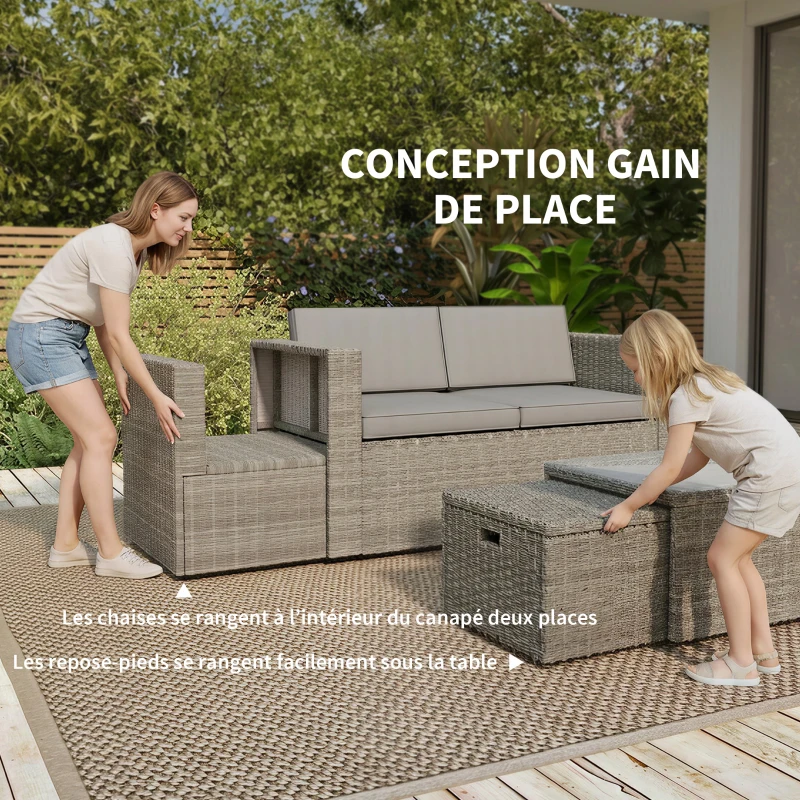 Outsunny Salon de Jardin en Résine Tressée Demi-Ronde 6 Pièces Encastrable Gain de Place 135x66x62cm Gris