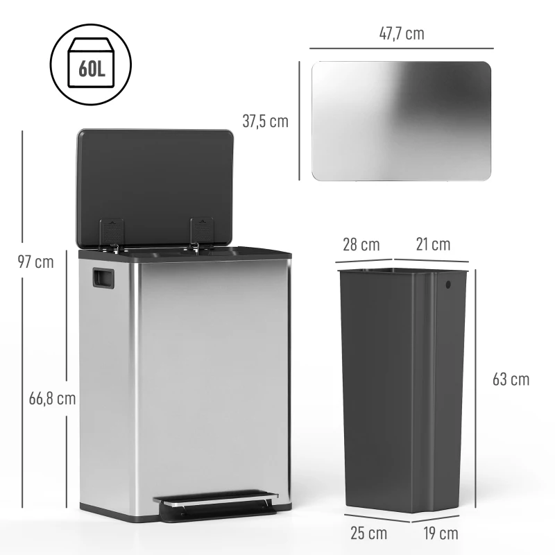 HOMCOM Poubelle de cuisine 2 compartiments de 2 x 30L, avec pédale, en acier inoxydable, couvercle à fermeture douce