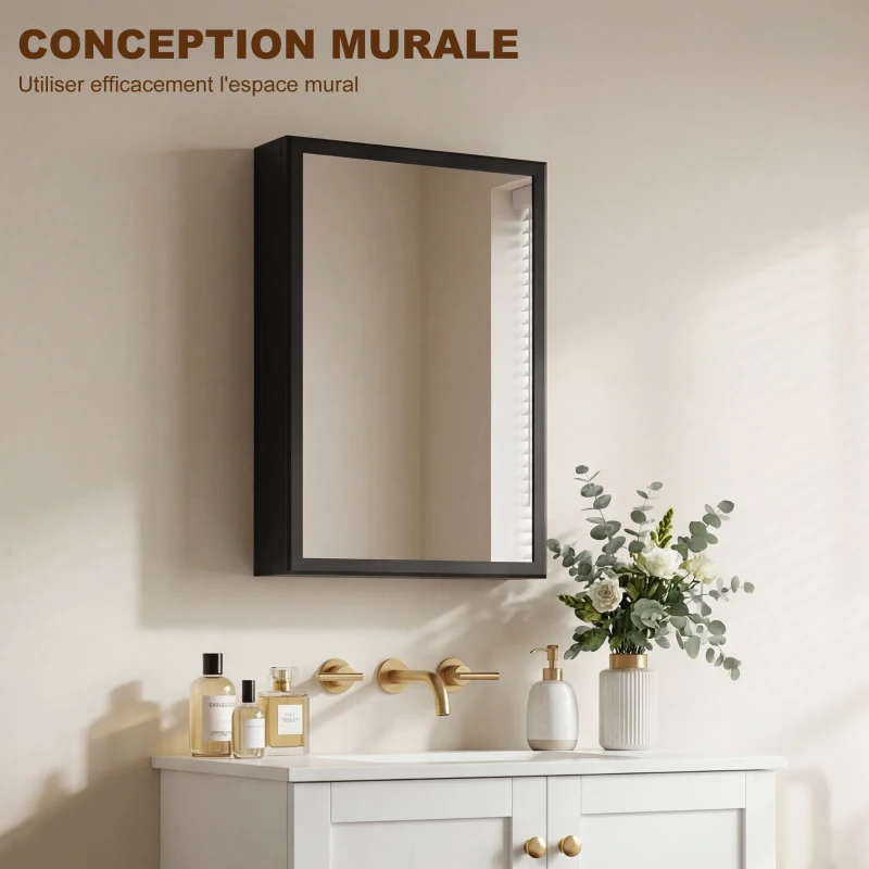 kleankin Armoire miroir de salle de bain armoire murale armoire à glace avec 1 porte et 2 étagères en acier 40 x 12 x 60 cm noir