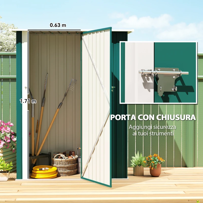 Outsunny Capanno Porta Attrezzi in Metallo con Tetto Inclinato e Porta Bloccabile, 142x86x189 cm, Verde