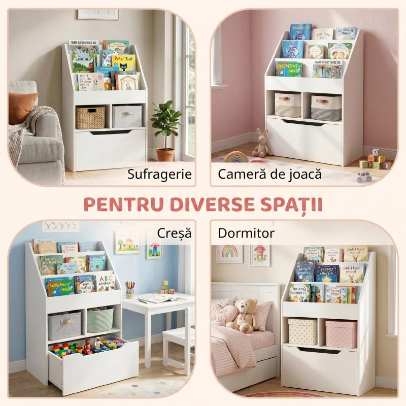 HOMCOM Mică bibliotecă pentru copii cu rafturi și sertar din MDF, 60x29,9x90cm, alb