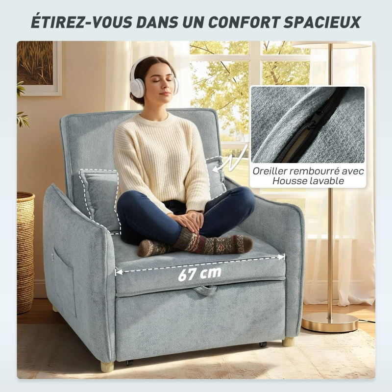 HOMCOM Fauteuil convertible 1 place 3 en 1, fauteuil-lit clic-clac en chenille, assise large dossier réglable, 88x84x87cm, gris