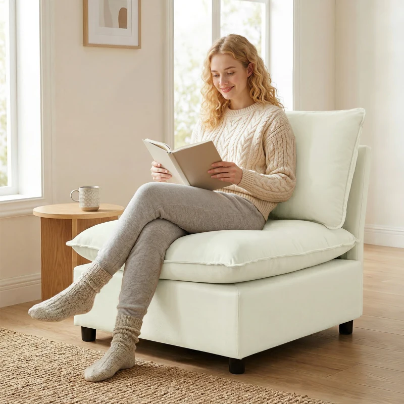 HOMCOM Fauteuil de salon, canapé 1 place moderne sans accoudoirs avec assise large, coussins épais, 146x85x78cm, crème