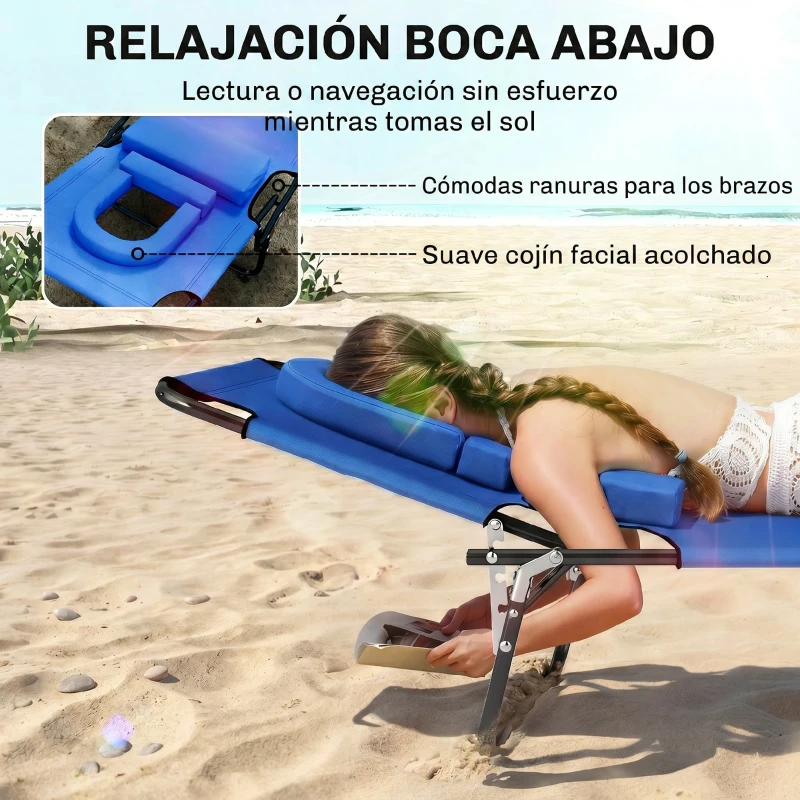 Outsunny Tumbona Plegable con Respaldo Regulable en 4 Posiciones Tumbona de Jardín con Orificio de Lectura Almohada Marco Metálico y Tela Oxford para Playa Terraza Carga 120 kg 190x56x28 cm Azul