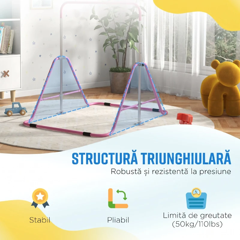 HOMCOM Bară de tracțiuni pliabilă pentru copii 3-8 ani, cu înălțime reglabilă din oțel, 154x106.2x88.5-128.5cm, roz
