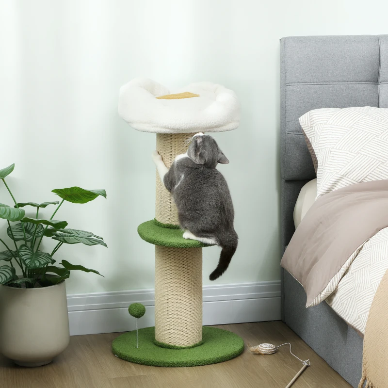 PawHut Arbre à chat à fleurs à 3 niveaux, tonneau à gratter pour chats plateforme et balle poteau en sisal, Ø 45 x 92 cm, vert