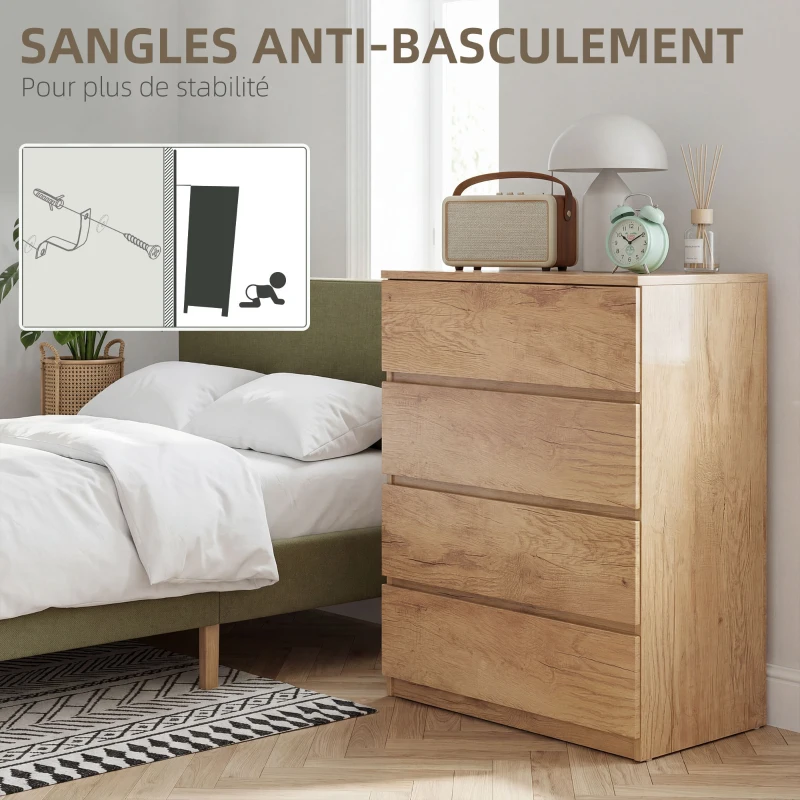 HOMCOM Commode 4 tiroirs meuble de rangement sans poignées design minimaliste 60 x 40 x 80 cm naturel