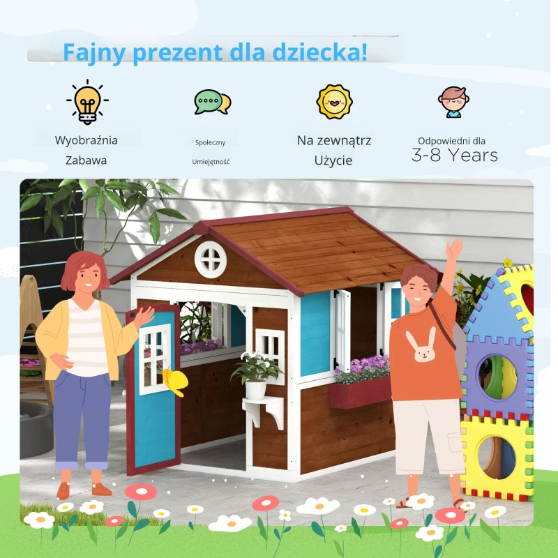 Drewniany domek dla dzieci z oknem, kwietnikiem i drzwiami