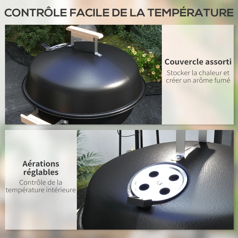 Outsunny Barbecue à charbon BBQ rond avec couvercle roues et contrôle température portable barbecue grill noir
