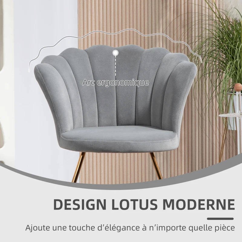 HOMCOM Fauteuil coquillage chaise coiffeuse fauteuil en velours fauteuil de salon avec pieds en acier 69 x 64 x 80 cm gris