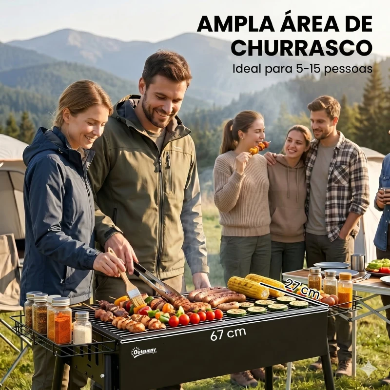 Outsunny Barbecue a Carvão com 2 Grelhas de Aço Inoxidável Portátil com 2 Prateleiras para Temperos com Ganchos 77x30x70 cm Preto