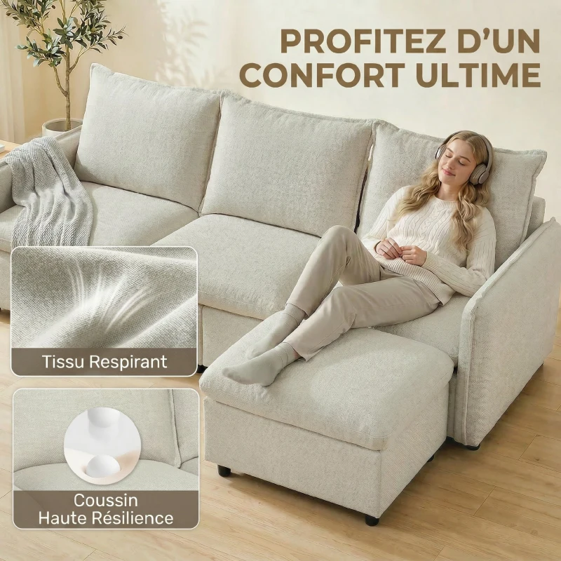 HOMCOM Canapé 3 places avec pouf de rangement, canapé d'angle modulable 212 cm, coussins à ressorts, tissu en lin, crème