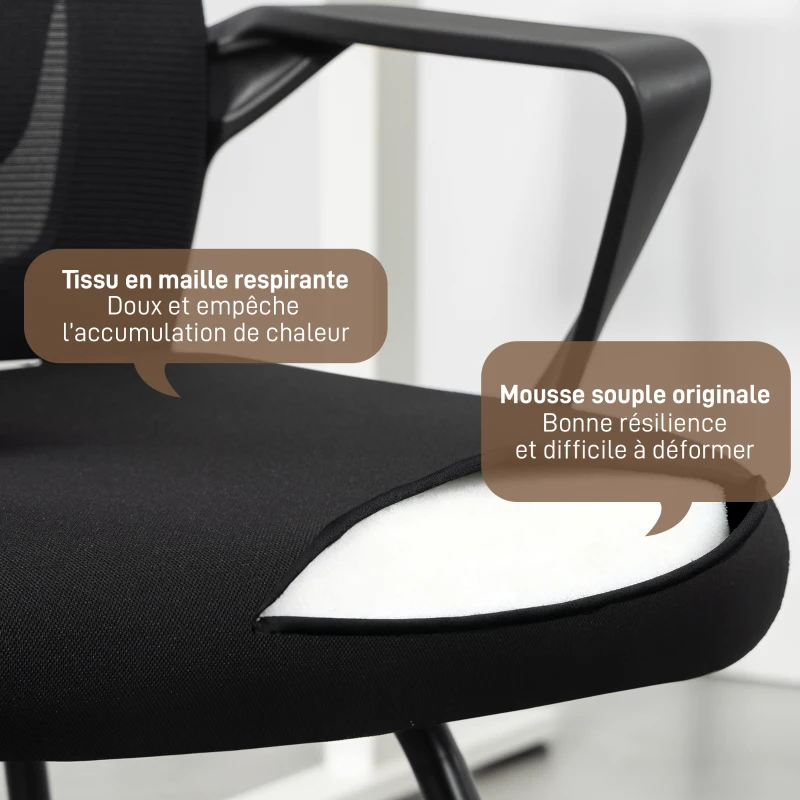 HOMCOM Chaise de bureau ergonomique sans roulettes, chaise de conférence avec dossier en maille, soutien lombaire, noir
