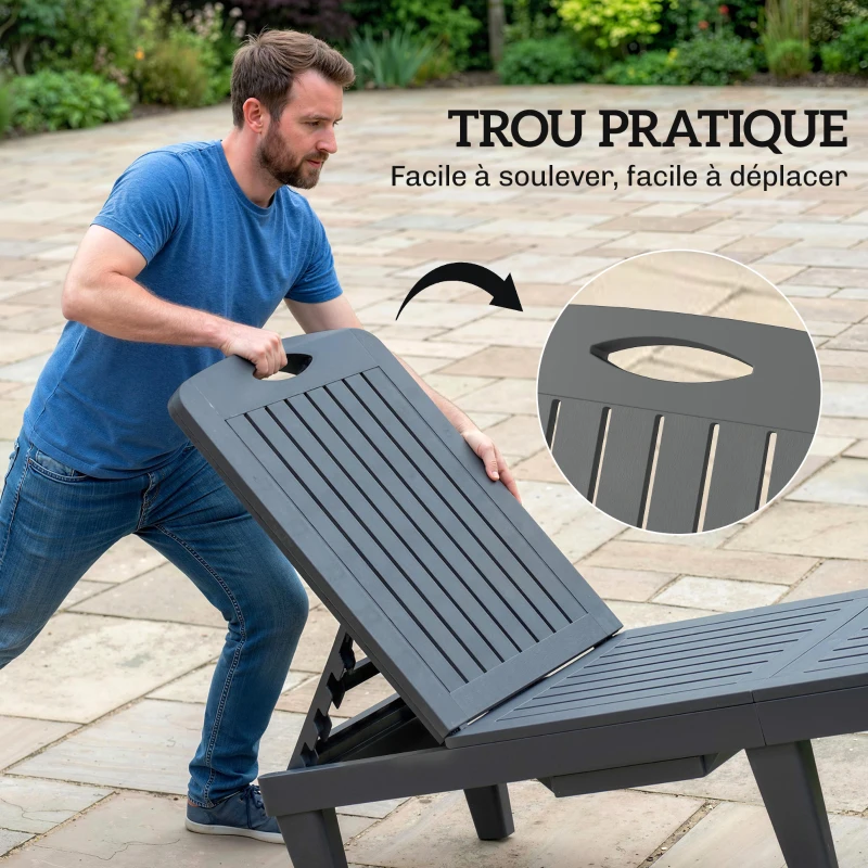 Outsunny Lot de 2 chaises longues de jardin en plastique PP avec plateau latéral, inclinables à 5 positions, gris