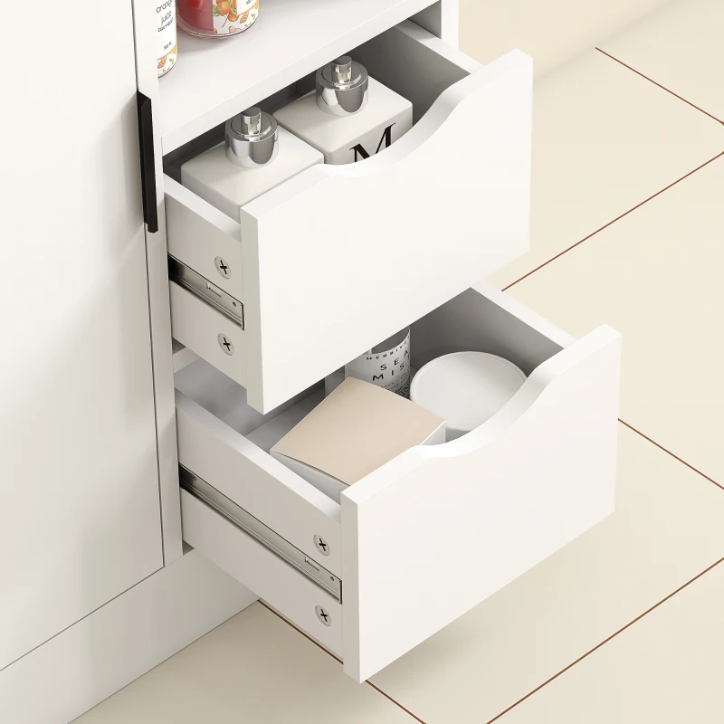 HOMCOM Meuble de salle de bain, meuble de rangement étroit avec 2 tiroirs, compartiments ouverts, 50x25x100cm, blanc