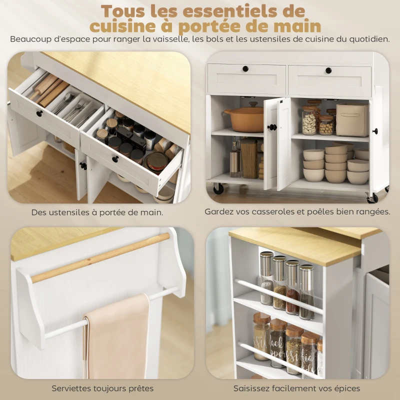 HOMCOM îlot central cuisine avec plateau extensible, desserte de cuisine sur roulettes avec 2 tiroirs, 4 portes, blanc