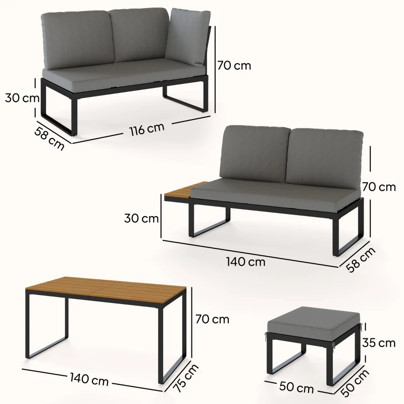 Outsunny Modulares Gartenmöbel-Set mit 2 Zweisitzern, 1 Ecksofa und Kissen, Grau