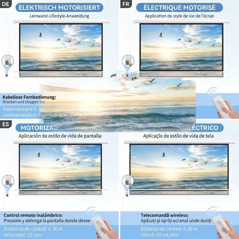 HOMCOM Ecran pentru proiector 84" 16:9 motorizat cu telecomandă, 215x8x140cm, alb