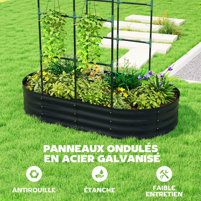 Outsunny Jardinière avec treillis arqué, bac à fleurs en métal avec fond ouvert, gants inclus, 160x90x180cm, gris foncé