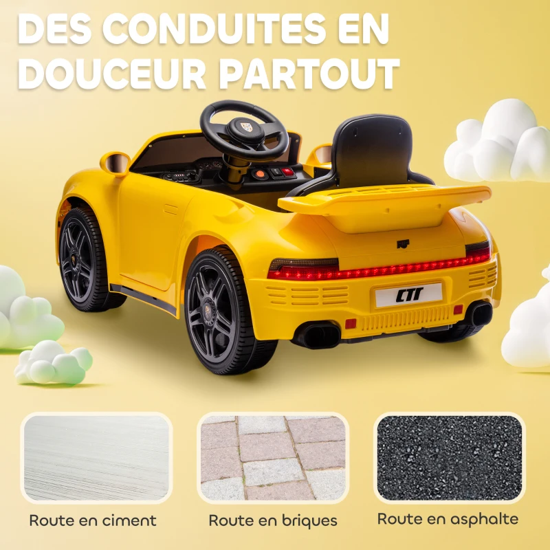 AIYAPLAY Voiture électrique enfants, véhicule électrique 12V, télécommande 2,4G, phares, musique, klaxon, 103 x 55 x 44 cm, jaune