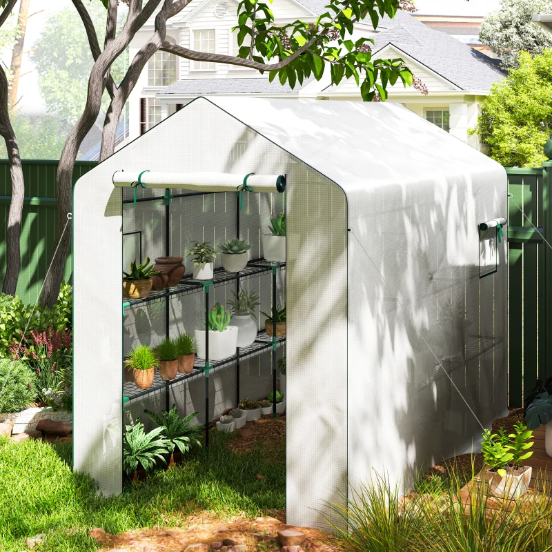 Outsunny Serre de jardin 3 m² avec étagères 3 niveaux, PE renforcée 135 g/m² anti-UV, porte enroulable et fenêtres en maille