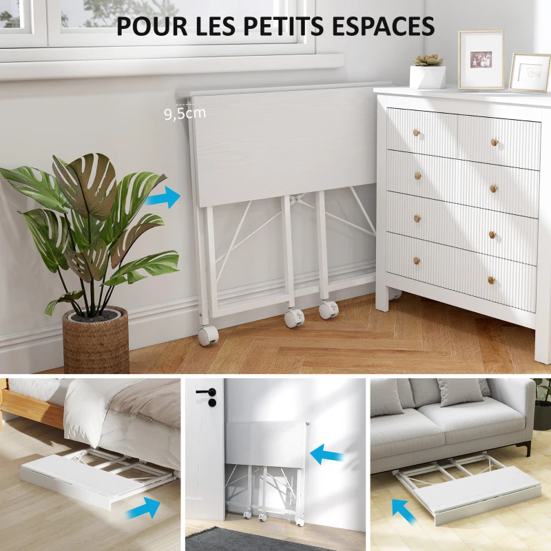 HOMCOM Bureau pliant table d'ordinateur 80 x 40 cm sur roulettes pour bureau à domicile, chambre, petits espaces, blanc