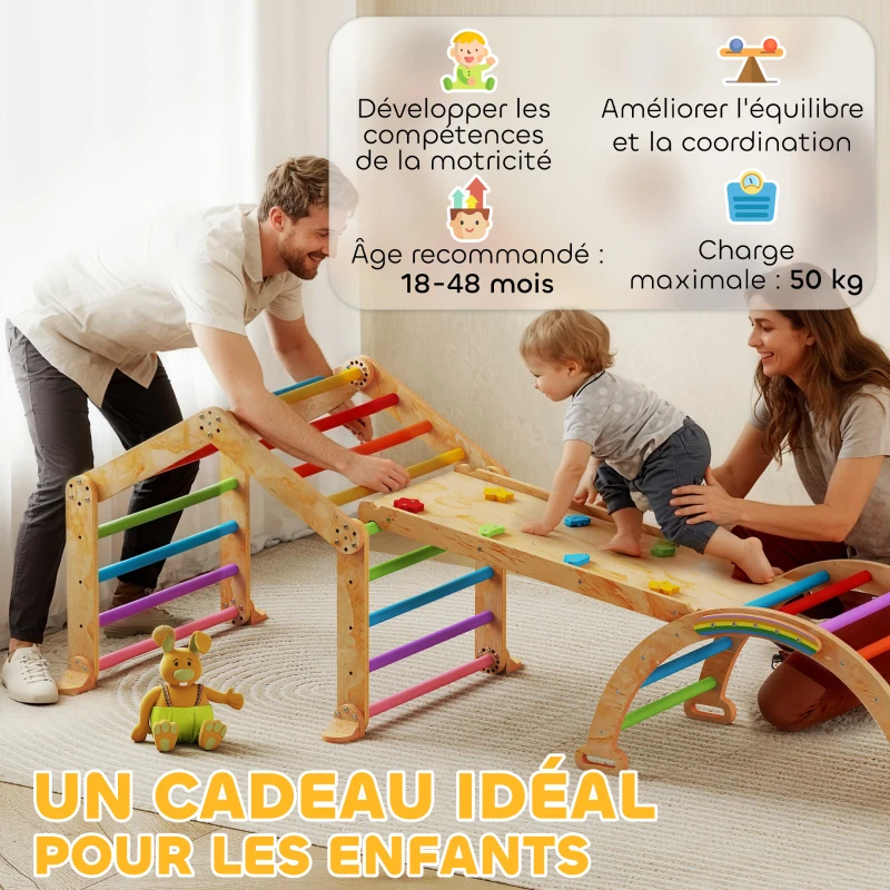 AIYAPLAY Triangle d'escalade enfant avec rampe réversible toboggan bascule et structure d'escalade multicolore