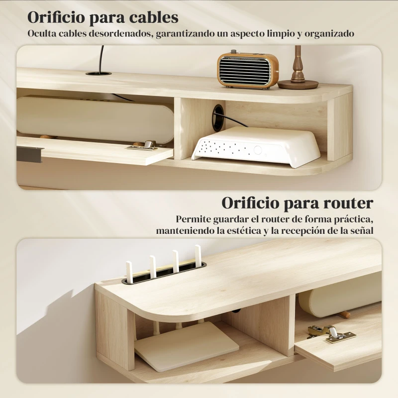 HOMCOM Mueble de TV Suspendido con Cajón Abatible 2 Estantes Abiertos Gestión de Cables 120x24x16 cm Madera Natural