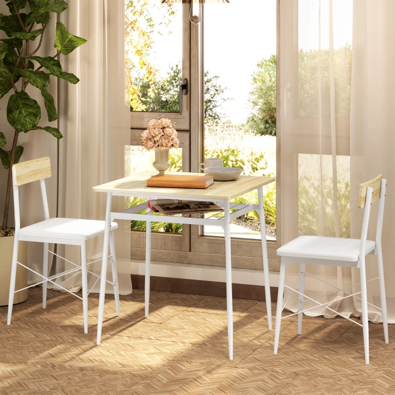 HOMCOM Ensemble table et chaises, table de cuisine avec chaises, structure en acier, avec 2 chaises encastrables, blanc chêne