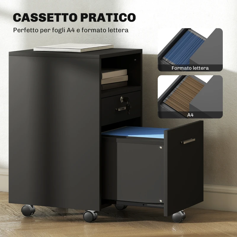 Vinsetto Cassettiera da Ufficio Portadocumenti in Legno con 2 Cassetti e Ripiano Aperto, 39x40x65 cm, Nero