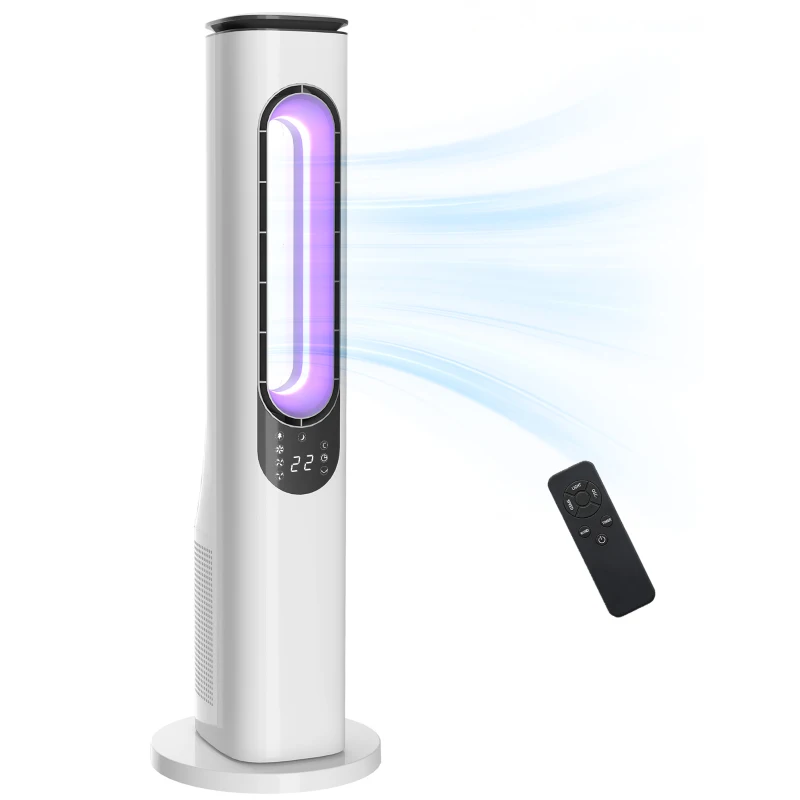 HOMCOM Bladeless Tower Fan for Bedroom, 35dB Standing Cooling Fan with Oscillating, LED Lights, 3 Speeds, 15H Timer, White