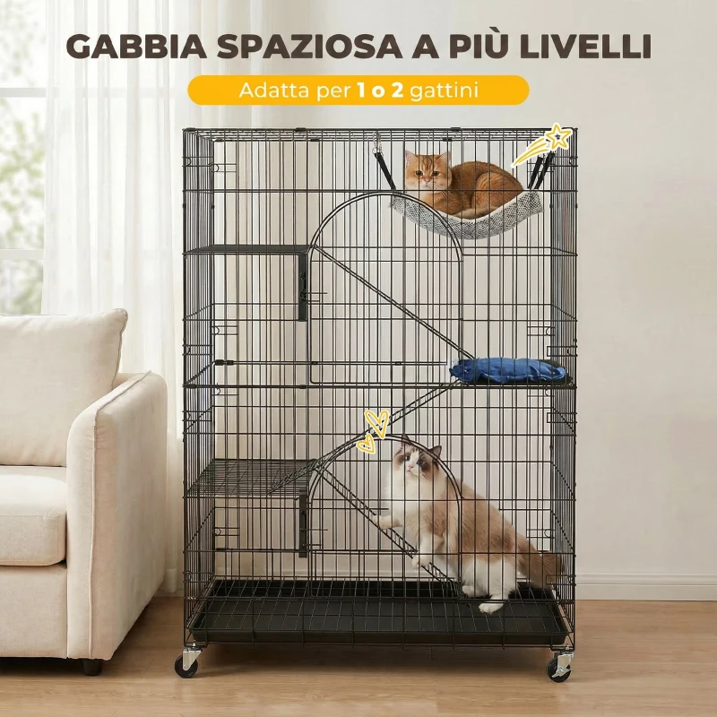 PawHut Gabbia Gatti a 4 Livelli con Amaca, Letto, Rampe e Piattaforme in Metallo con Ruote e Vassoio Estraibile, Nero