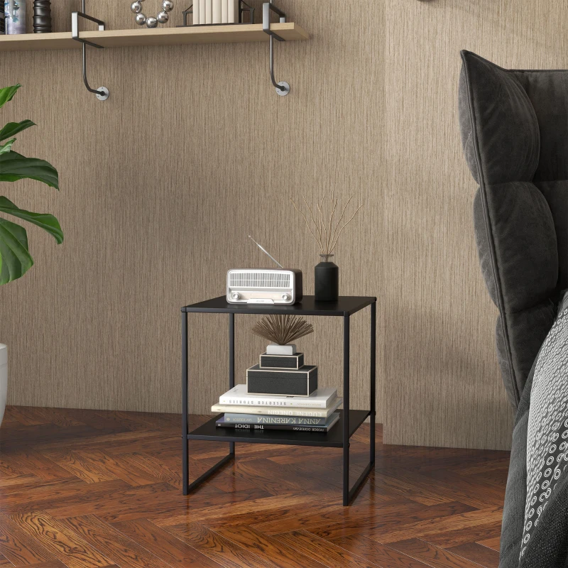 HOMCOM Table basse d'appoint carrée style industriel en métal noir avec une étagère - 40 x 40 x 45 cm noir