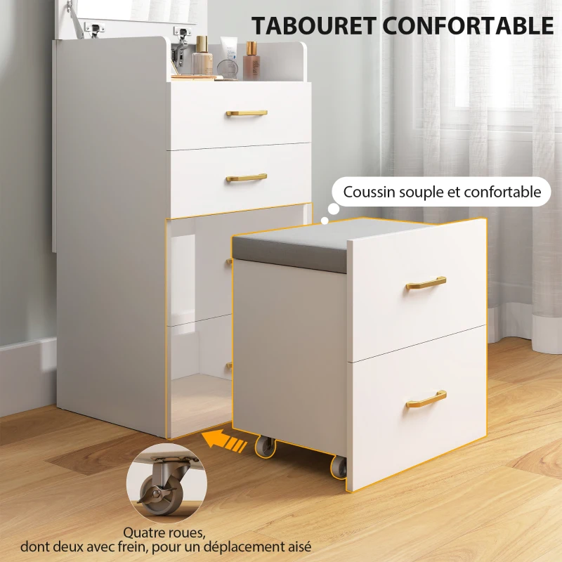 HOMCOM Coiffeuse avec miroir et tabouret 3 en 1, 3 tiroirs et plateau en verre visible, coussin rembourré, 48 x 40 x 90 cm, blanc