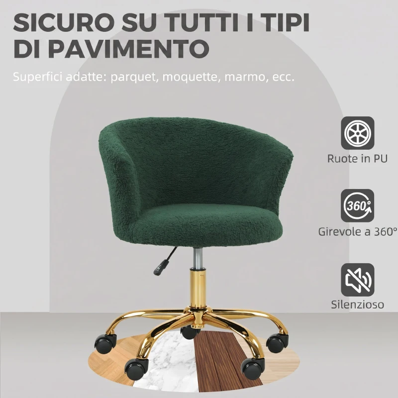 Vinsetto Sedia da Ufficio Girevole in Velluto Teddy, Struttura Acciaio, Altezza Regolabile, Portata 120kg, Verde Scuro