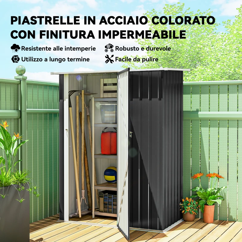 Outsunny Capanno Porta Attrezzi in Metallo con Tetto Inclinato e Porta Bloccabile, 142x86x189 cm, Grigio Scuro