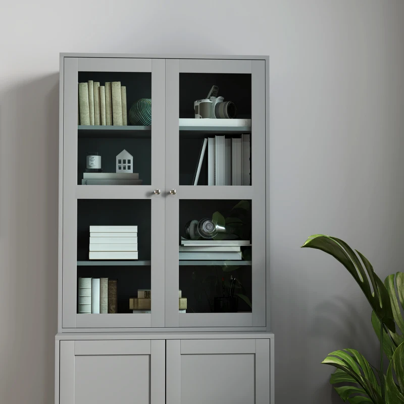 HOMCOM Bibliothèque vitrine, meuble de rangement à 6 niveaux avec 4 portes dont 2 en verre trempé, étagères réglables, gris