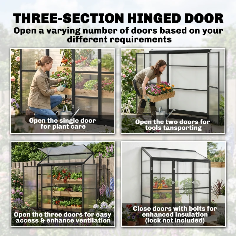 Outsunny Polycarbonate Greenhouse with 3 Hinged Doors, Top Vent, Lean-to Green House, Walk-in Greenhouse, 6 x 1.5ft, Black