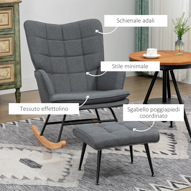 HOMCOM Sedia a Dondolo con Pouf in Tessuto Effetto Lino e Legno con Cuscino, Braccioli, Capacità 130 kg, Grigio