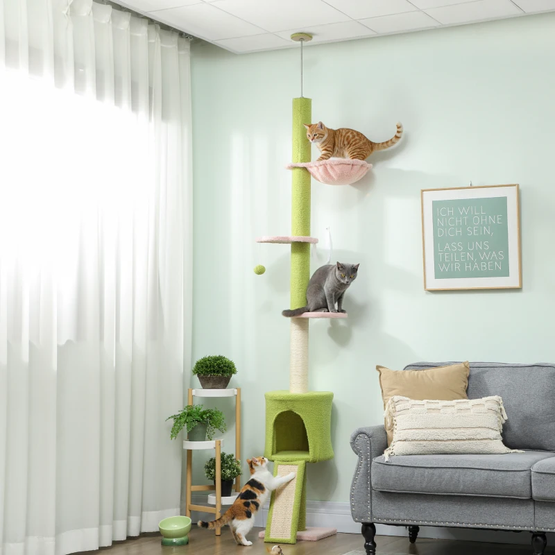 PawHut Arbre à chat du sol au plafond 5 niveaux hauteur réglable 220-240 cm plateformes fleur avec griffoir niche hamac vert