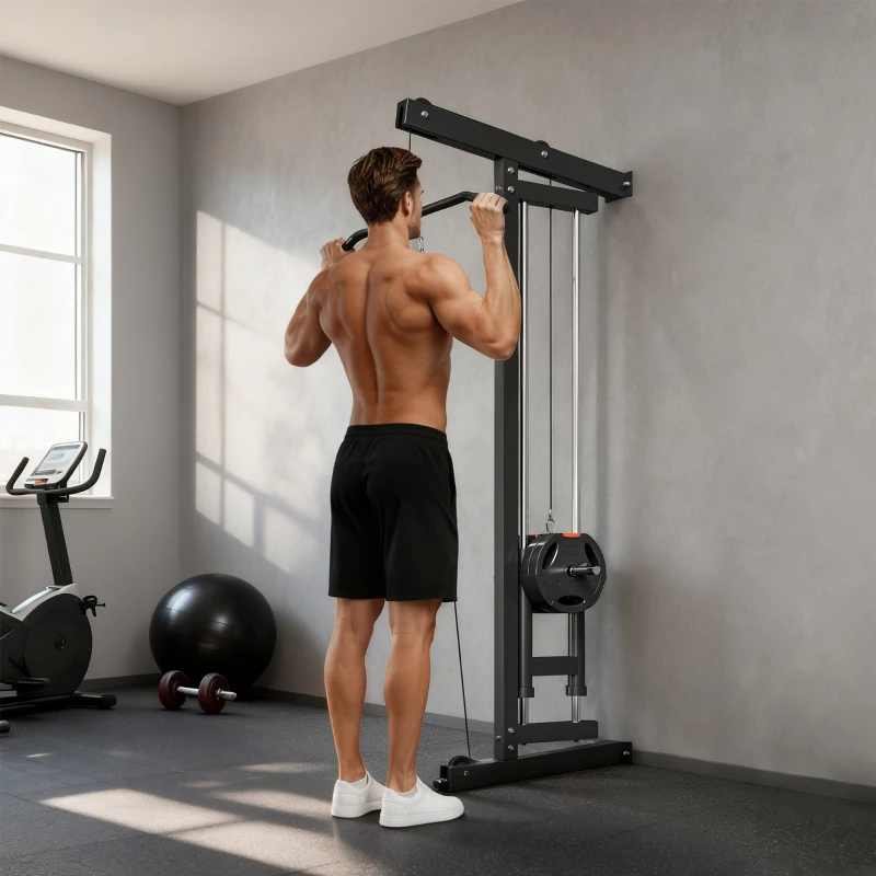 SPORTNOW Appareil de musculation mural, station de traction, poulie haute et basse, 2 poulies, en acier, 75 x 16 x 192 cm, noir(m-2)