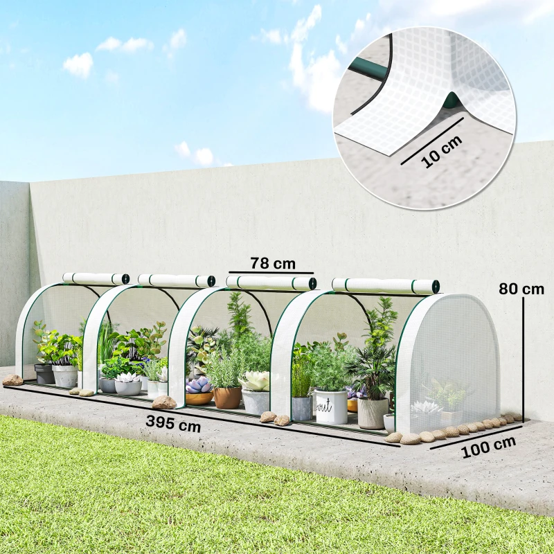 Outsunny Mini serre de jardin serre à tomates 4 x 1 x 0,80 m acier PE anti-UV 4 portes avec zip enroulables blanc