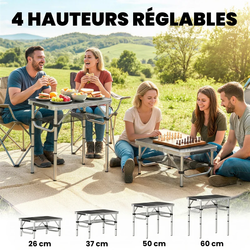 Outsunny Table pliante aluminium, table de camping pliante, poignée 4 hauteurs réglables avec Rangement 60x40x60cm, blanc